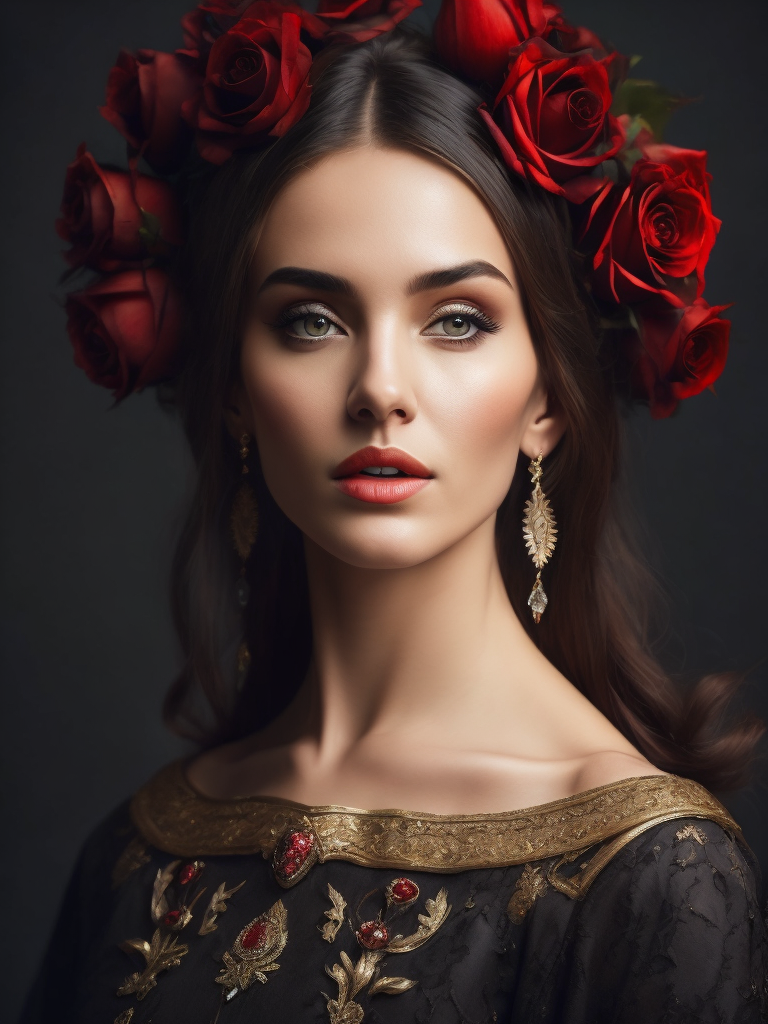 Portrait of a Beautiful women from Russian fairytale wearing traditional costume everything around black roses, deep atmosphere