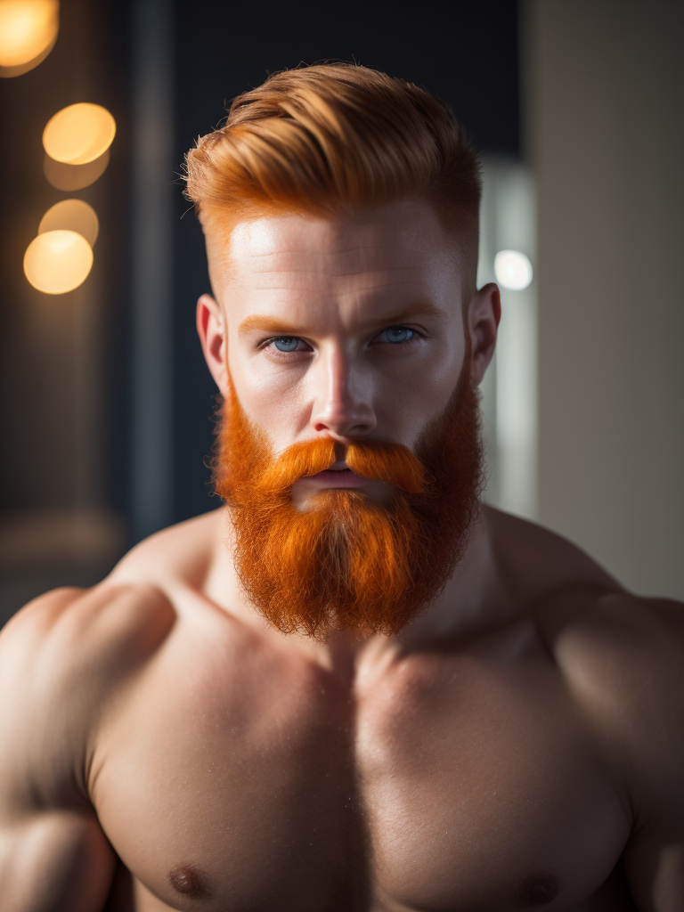 masculine man with masculine beard and ginger hair and big muscles with shining blue eyes