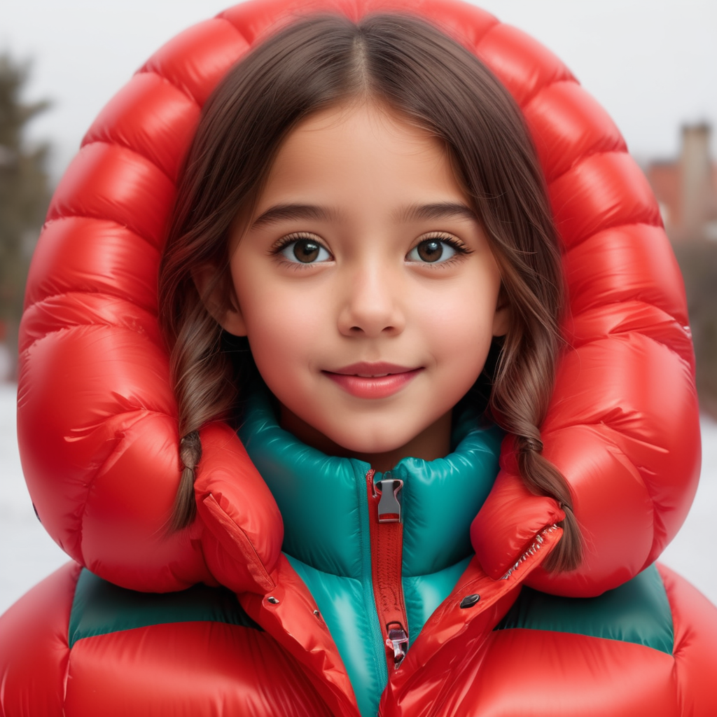 cute girl, dressed red inflatable puffer jacket, headshot, hyper realistic, vibrant colors