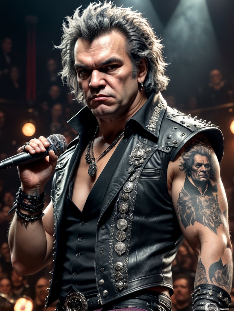 Ludwig van Beethoven as a punk rocker, full body, on a mic, tattoos, piercing