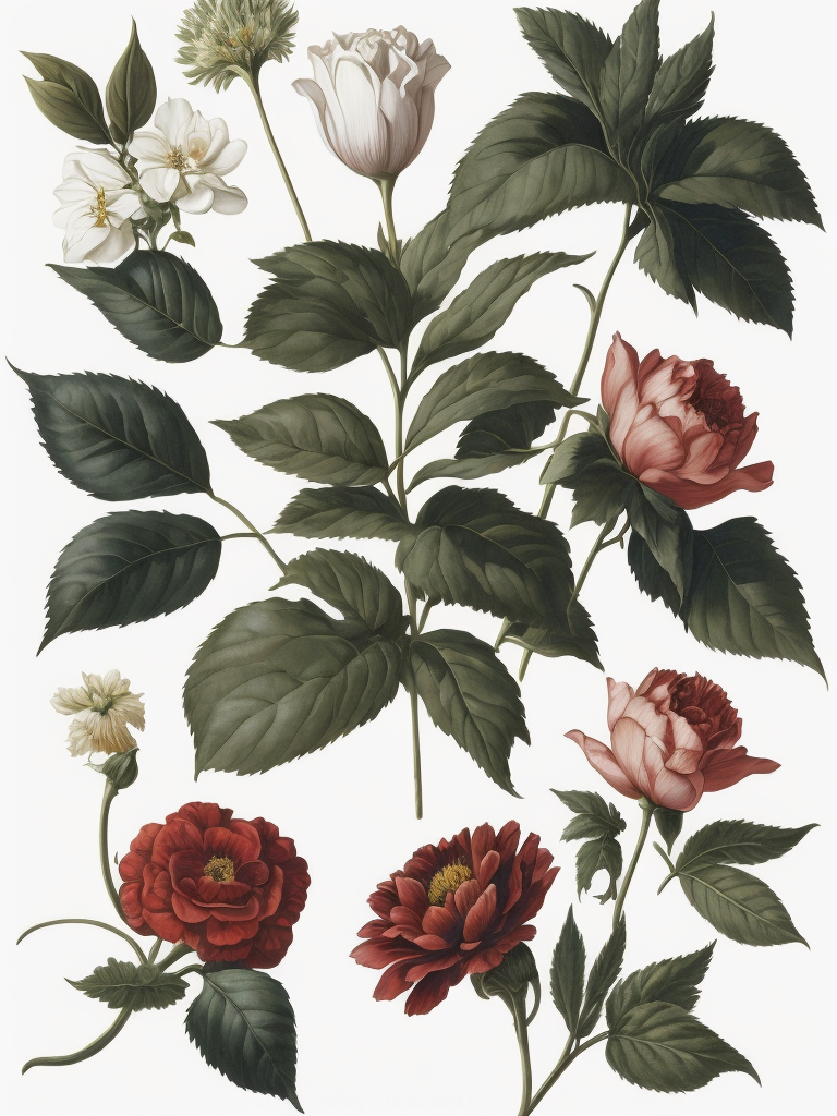 different types of flowers , botanical illustration, white background, style of Pierre-Joseph Redoute