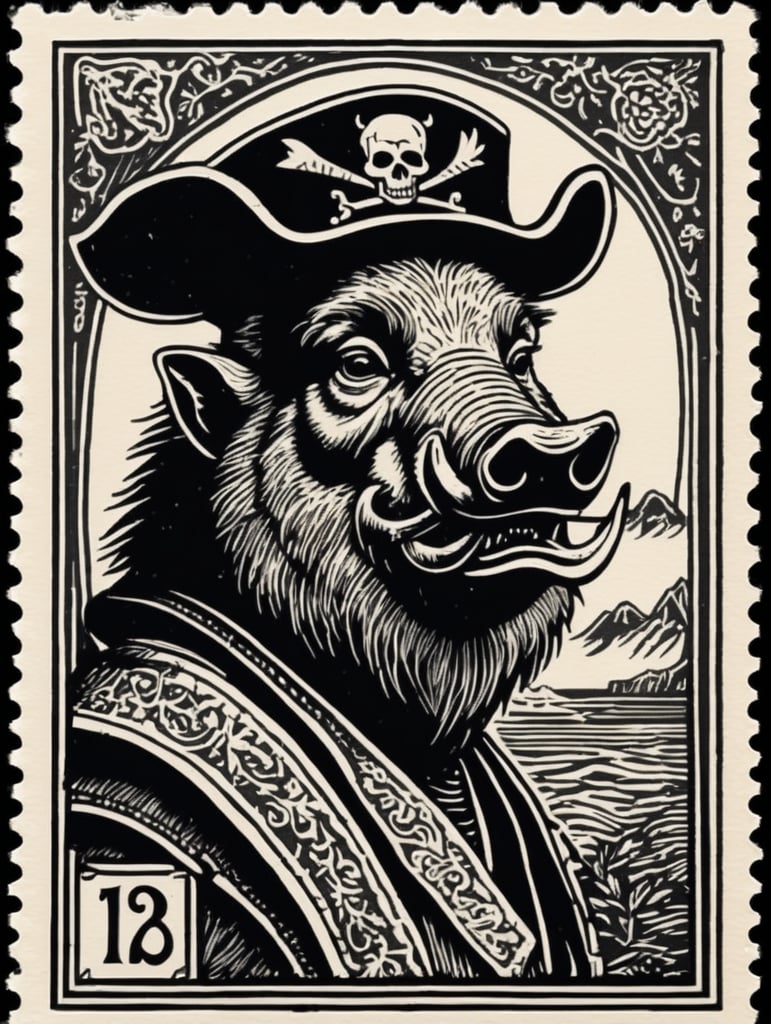 Black and white linocut postage stamp old pirate thick bold dark lines a wild boar