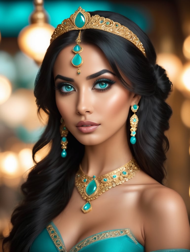Stunning Princess Jasmine, 8k photo, cinematic style, subdued dramatic light, blurred bokeh background, translucent chef's turquoise outfit decorated with gold, large beautiful eyes with eyeliner, long black thick hair