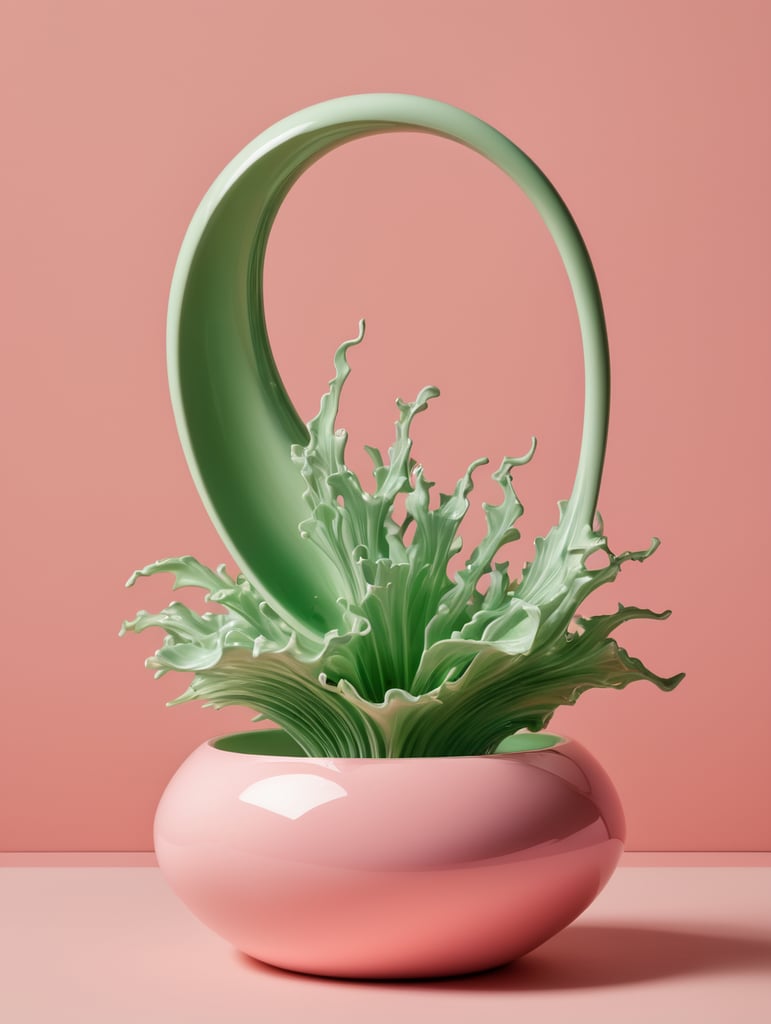 a singular object, floating in mid air, trippy, looks like a seaweed porcelain, structure, gloss, otherworldly, nature, photorealism, y2k, rave, plain pink colour background, light green, pinks, orange, baby pink