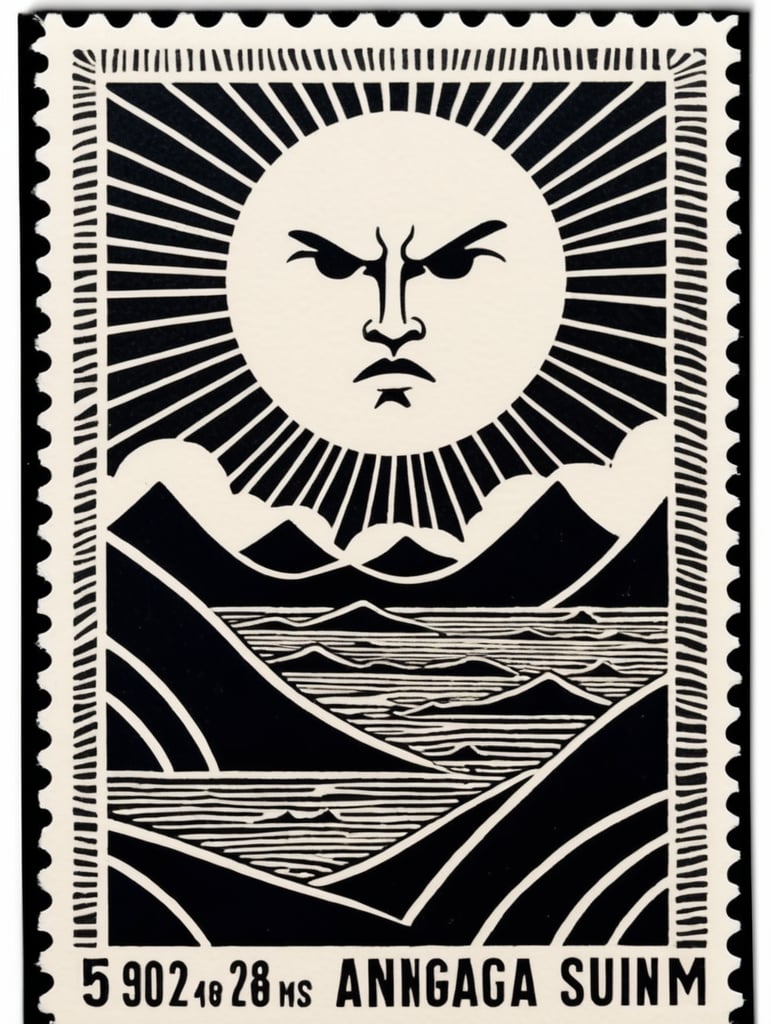 Black and white linocut postage stamp angry sun thick bold dark lines