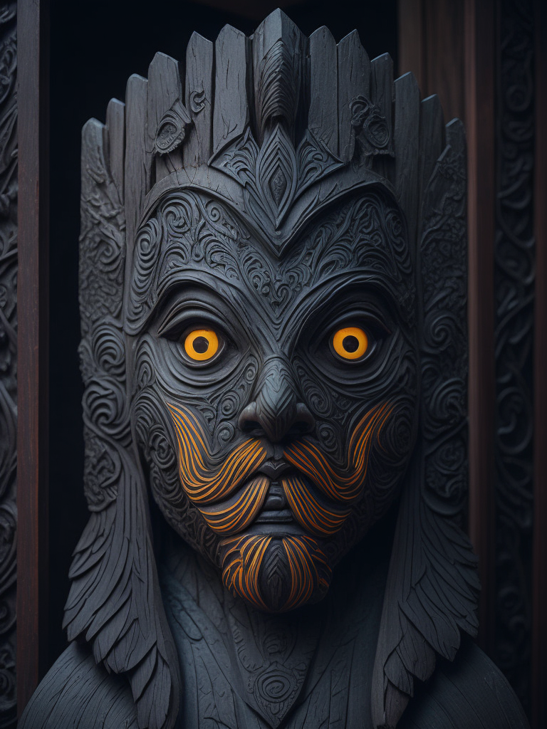 a North American totem carved from the dark wood, detailed, deep carving, handcrafted