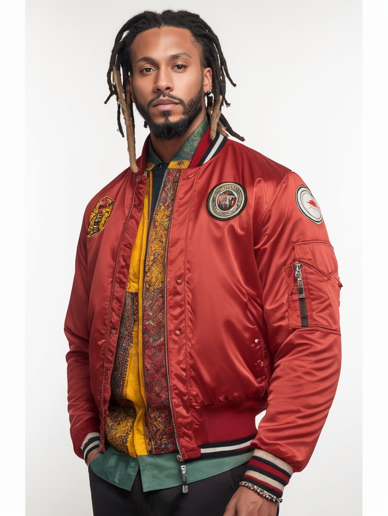 a man with dreadlocks on his head is wearing a colored jersey and a red bomber jacket