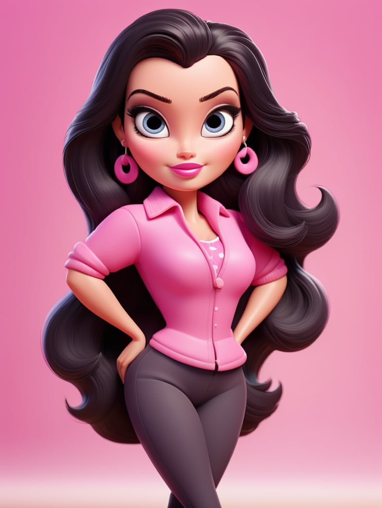 Simple vector illustration of a 42 year old barbie with thick body, straight black hair color wearing pink clothes