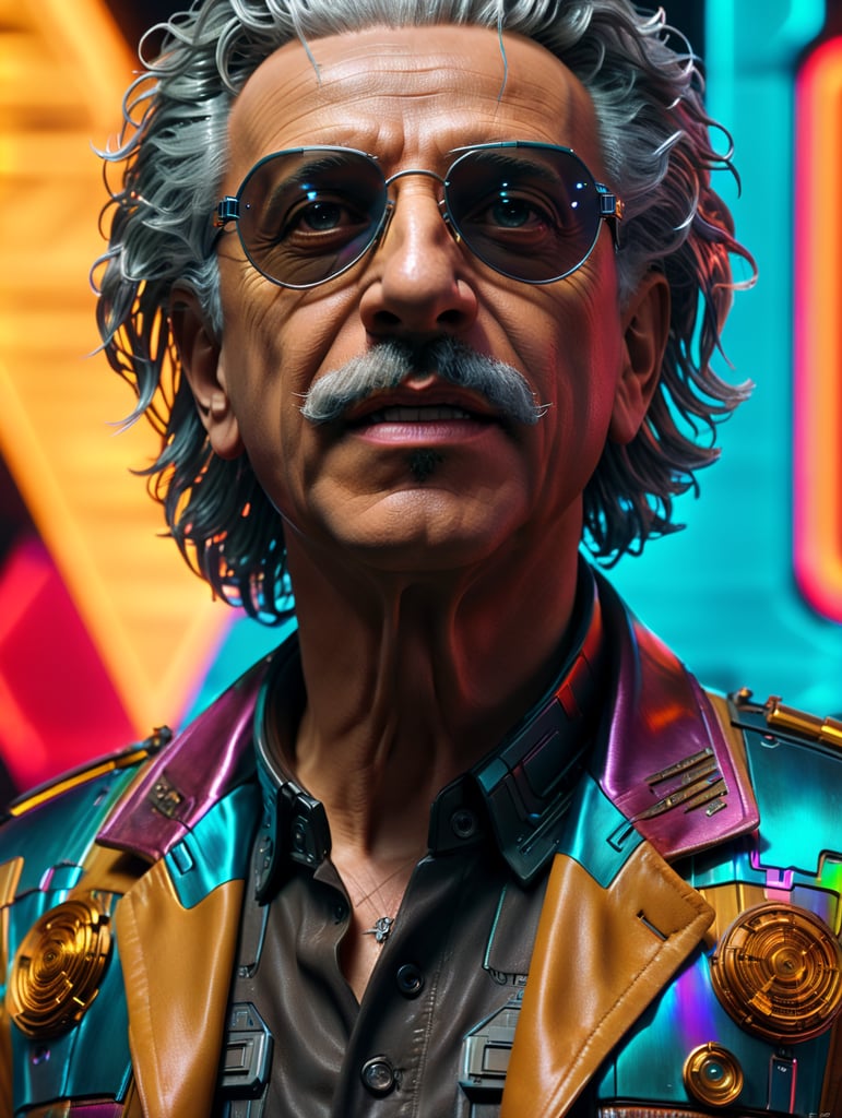 holographic, cyberpunk, Albert Einstein, Max Headroom style