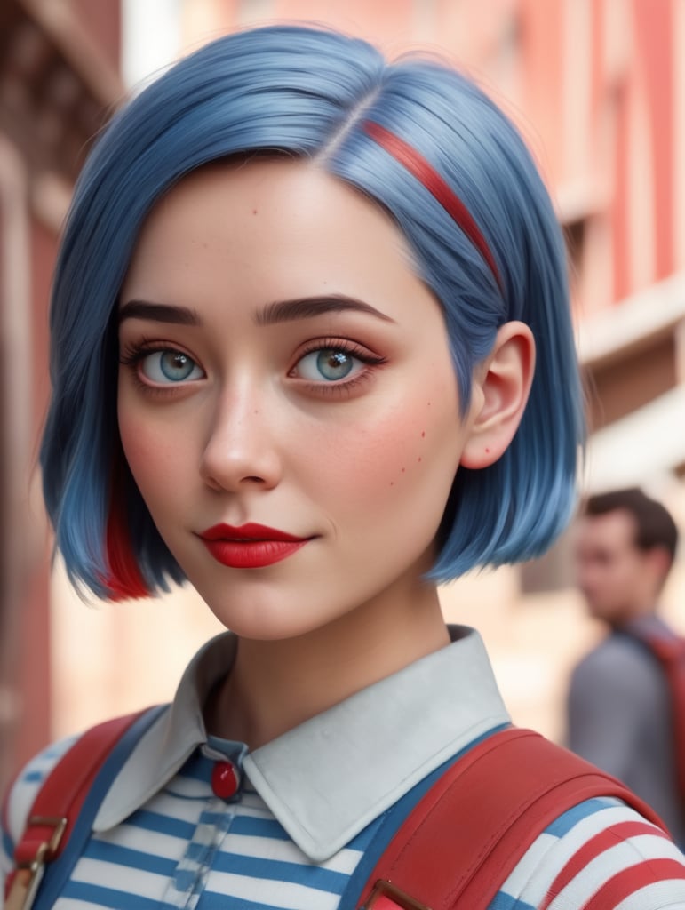 disney 3D pixar style female character with short blue hair and red stripes, red marks on her cheeks