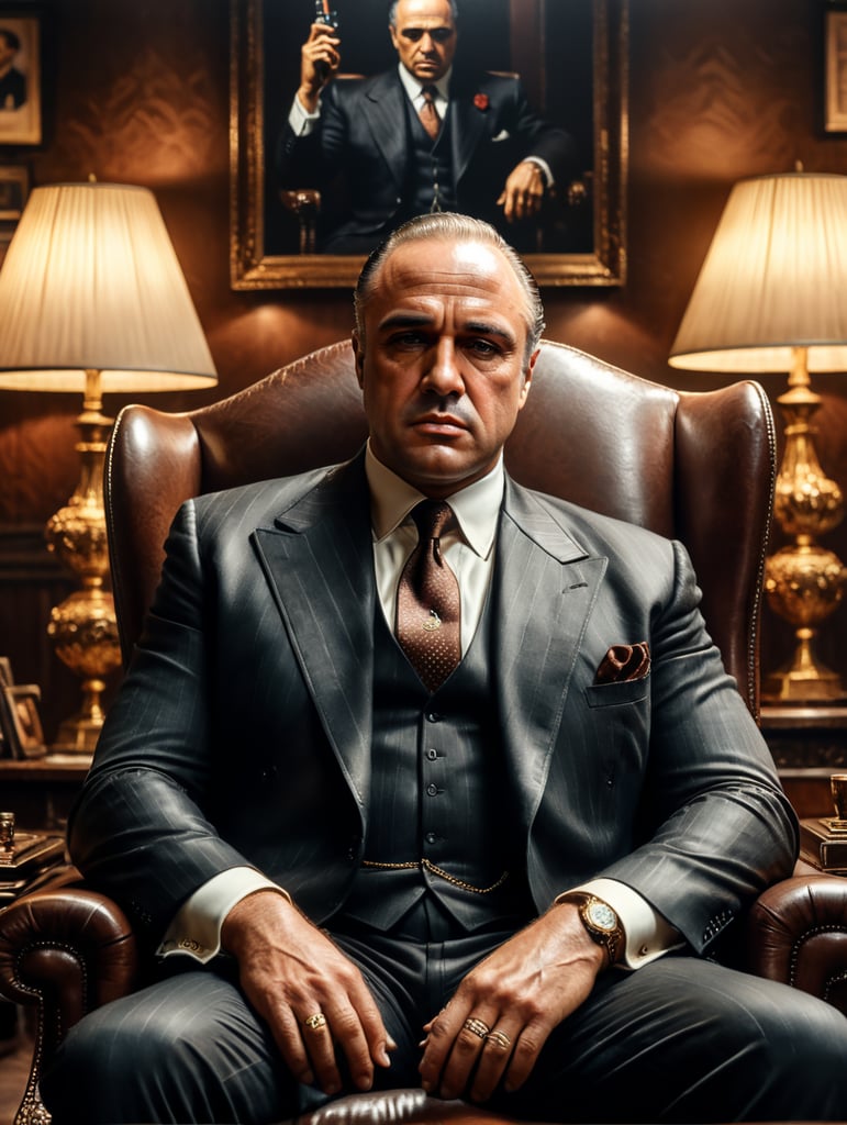Marlon Brando as Don Corleone in the movie the Godfather,sitting in his armchair in his office looking seriously at the camera