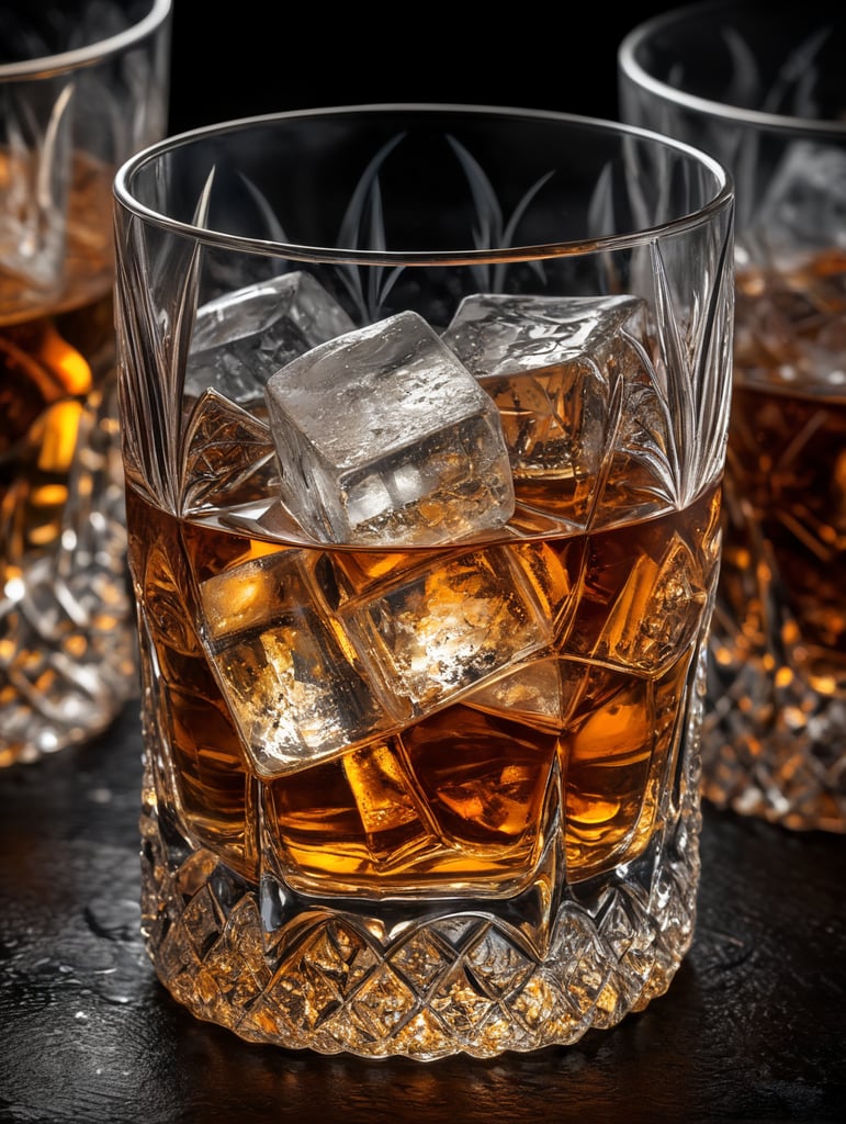 A whiskey glass with ice on black background