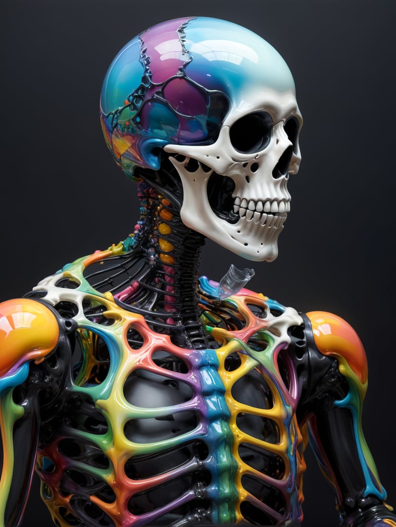 damien hirst x antony gormley x jeff koons inflated distorted meshed liquid futuristic pastel skeleton