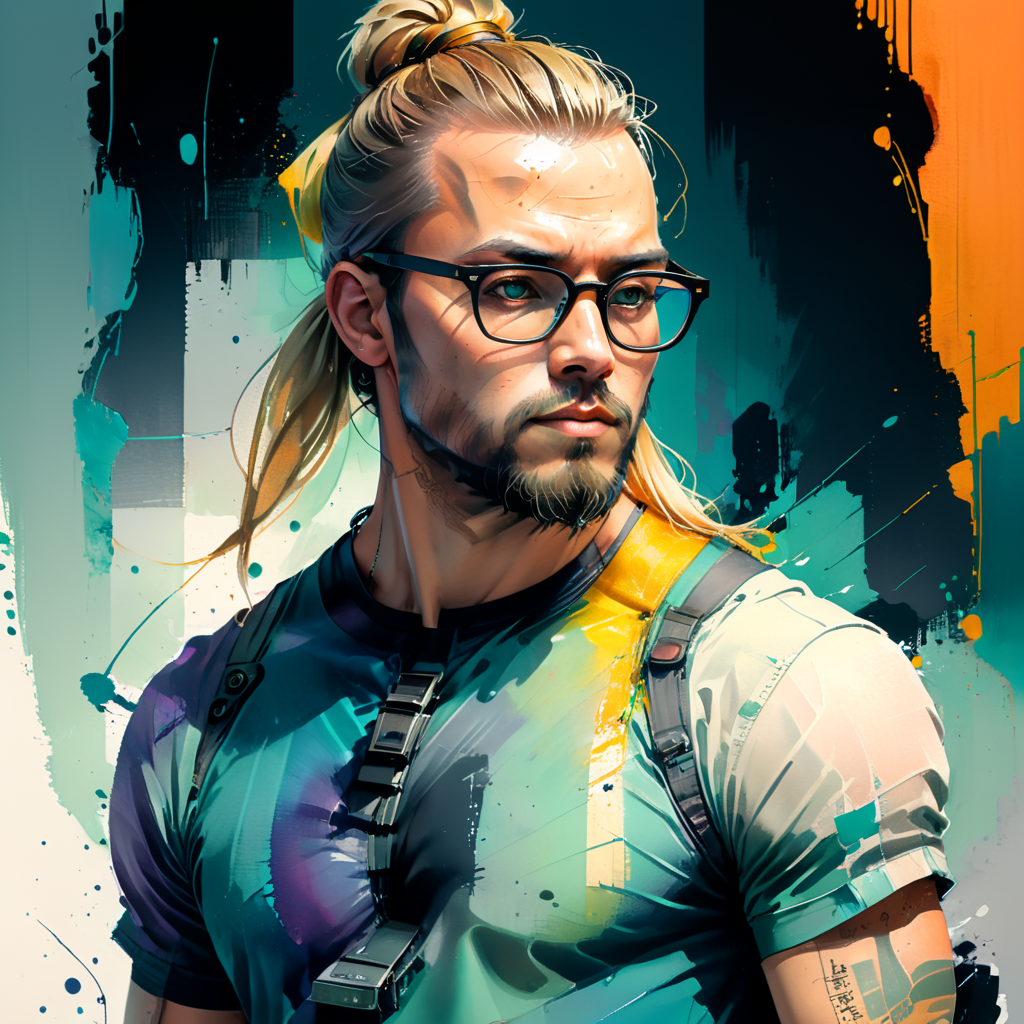 Full-body shot of Nordic designer man with black eye-glasses, with long blonde ponytail and a goatee, without mustache, working as web designer at university