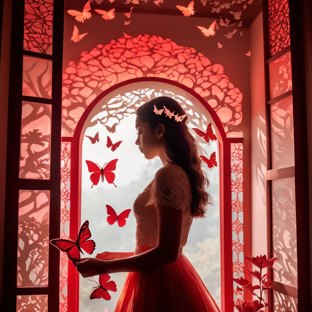 Paper cut scene, paper cut girl in the foreground, red lighting behind her, mystical atmosphere, paper cut butterflies flying around