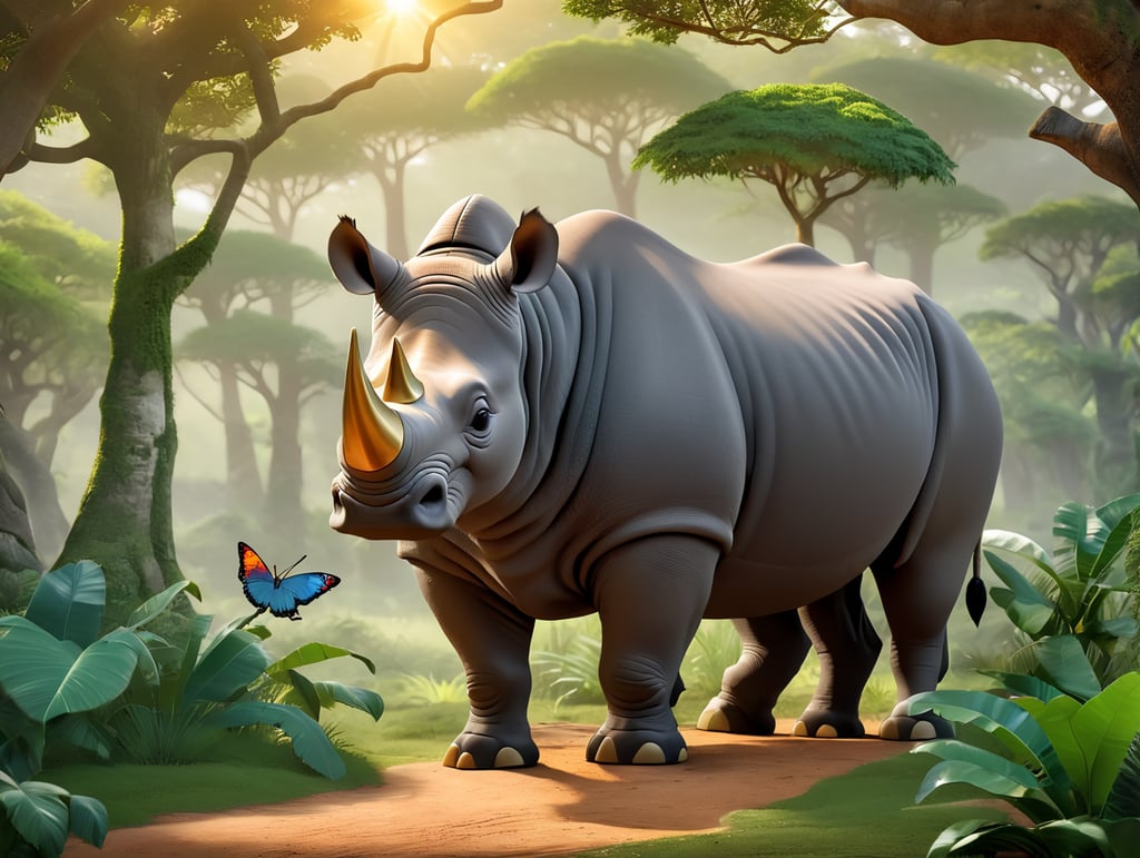 A breathtaking photograph captures the essence of the African jungle, as a magnificent rhinoceros emerges from the lush foliage. The vibrant green canopy overhead filters the golden sunlight, casting dappled shadows on the rhino's rugged, gray hide. Its powerful horn, resembling a gleaming spear, stands proudly atop its noble head. The rhino's eyes, deep and soulful, reflect a sense of wisdom and ancient knowledge, telling tales of survival and resilience. The jungle comes alive around the majestic creature, with colorful birds flitting through the air, their feathers a vibrant tapestry of reds, blues, and yellows. The scent of exotic flowers permeates the air, mingling with the earthy aroma of the jungle floor. This evocative image transports viewers deep into the heart of Africa, where the rhinoceros reigns as a symbol of strength and untamed beauty.