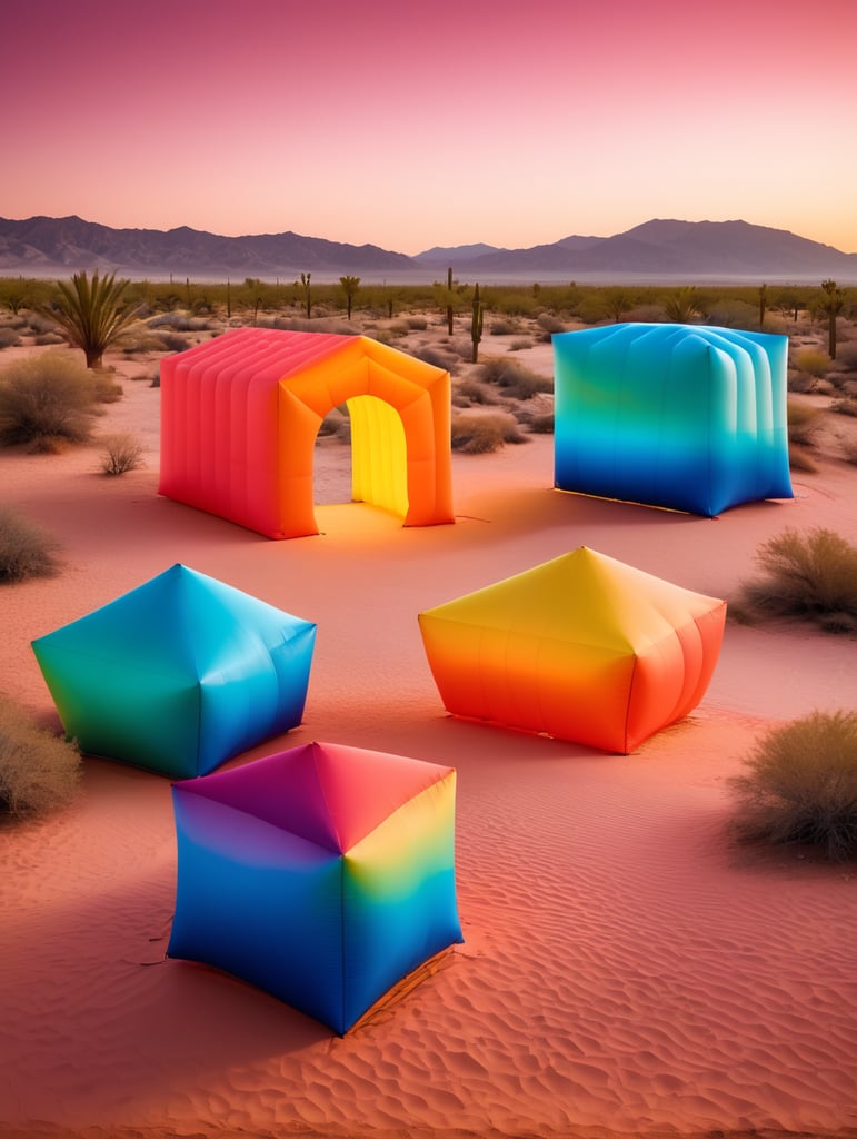 4 prismas inflables en medio del desierto inspirados en la arquitectura de Luis Barragán, con colores vibrantes y degradados.