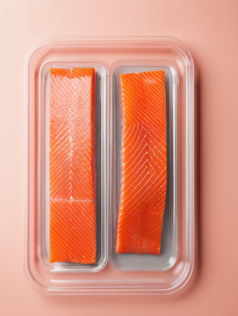ready for cooking slices of a salmon in a transparent plastic tray, top view, isolated, mockup