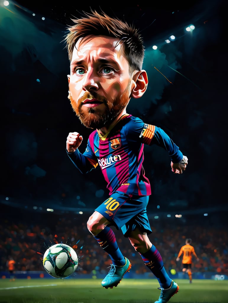 Messi con pateando el balon de futbol, ((high face)) background dark, dramatic lighting