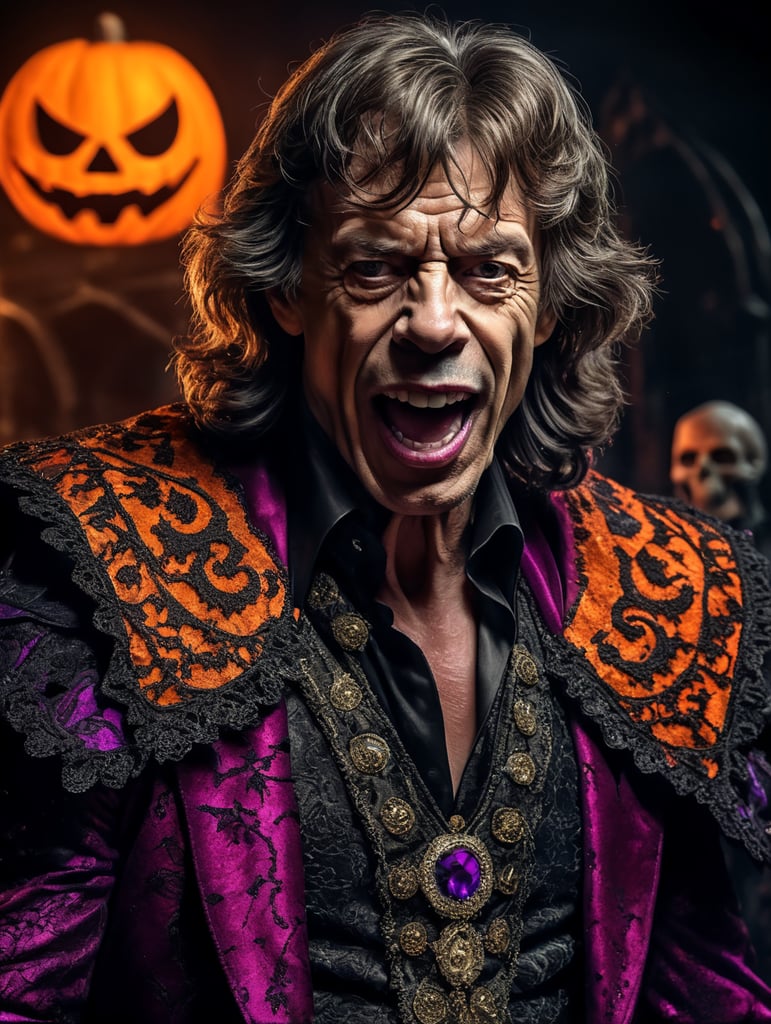 Mick Jagger as an evil character wearing spooky Halloween costume, Vivid saturated colors, Contrast color