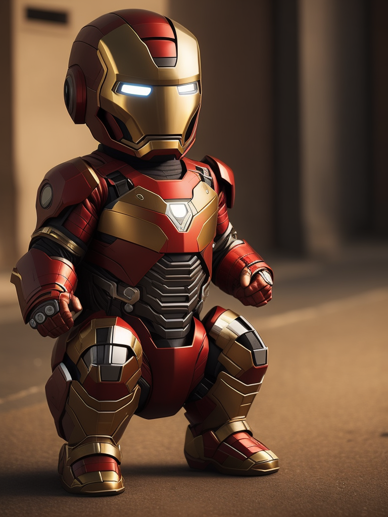 The adorable photo showcases a baby dressed in an iron man costume, capturing the essence of the iconic superhero. the little one is nestled comfortably in a red and gold onesie that mimics iron man's famous armor. the suit features meticulously crafted details, including the arc reactor on the chest and the intricate designs on the helmet. the baby's chubby cheeks and bright eyes give them an extra dose of cuteness as they gaze curiously at the camera, seemingly ready to take on the world.