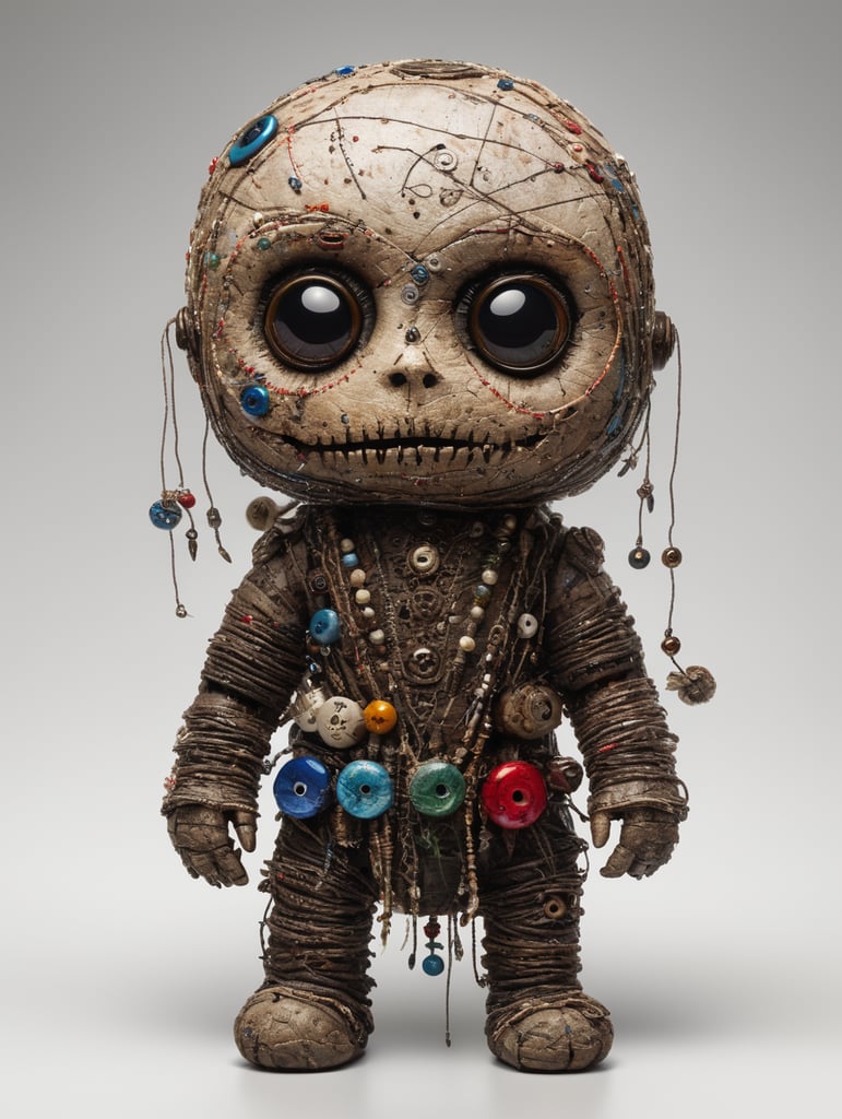 white background voodoo doll basic pins eye buttons stitched