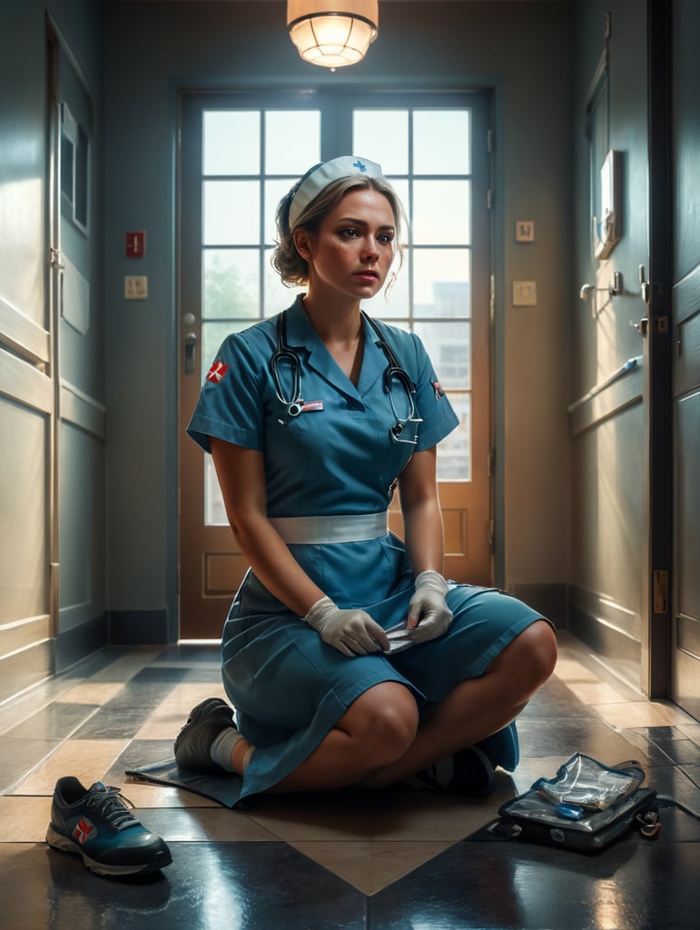 Portrait of a female working nurse, sitting on the floor in the hallway, sad face, sad colors and atmosphere, the light from the window illuminates her face, low angle photo