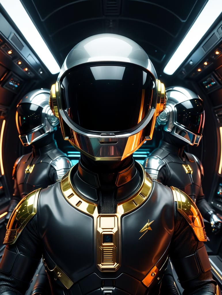 close up of daft punk plays in a spaceship, interior design, cinematography, photography, volumetric, symmetrical, ultra wide angle, depth of field, highly detailed, ultra realistic, 16k,