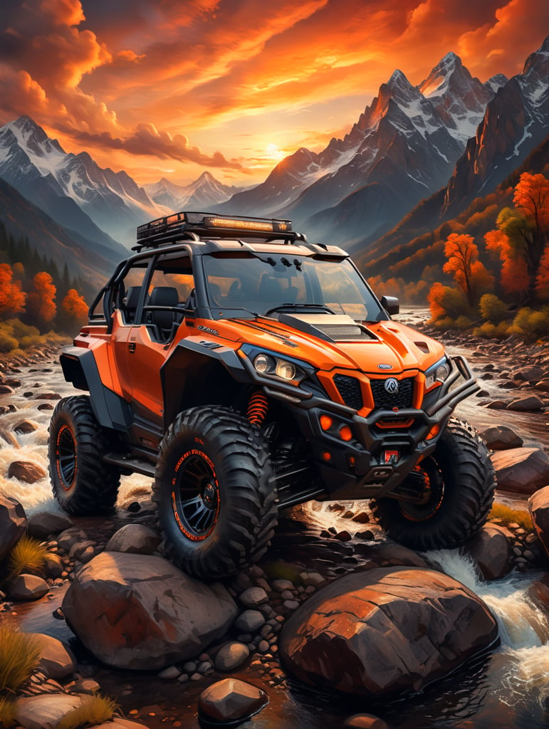 all-terrain vehicle on the background of a beautiful mountain landscape at sunset a mountain river rocks birds beautiful orange clouds cinematically super realistic