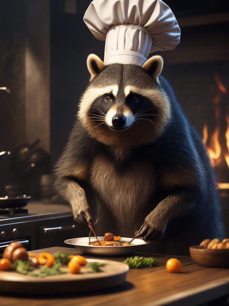 A chef racoon cooking scallops, wearing a chef hat, in a kitchen, professional