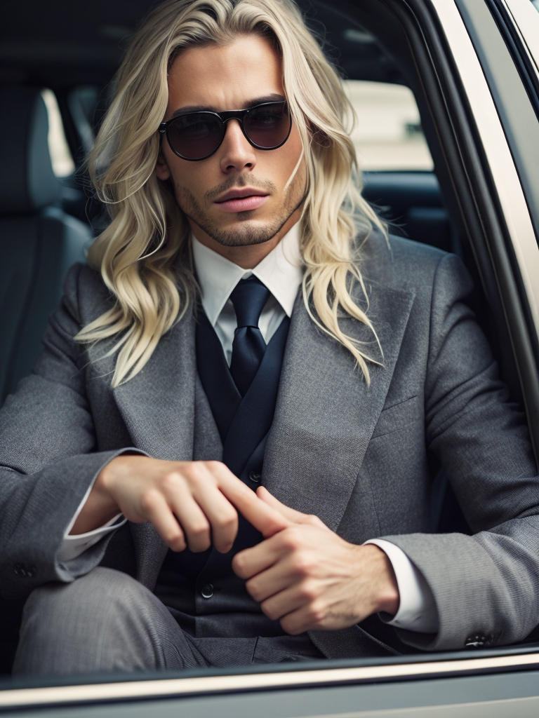 man with silver long hair and gray eyes in a gray business suit is driving an expensive car is in a traffic jam, style of Miles Aldridge