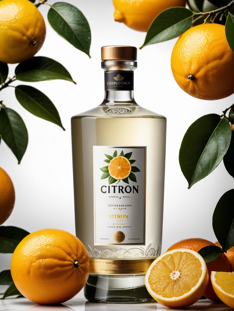 Packaging and branding for a citron vodka brand as if it had been designed by HI ESTUDIO with In a set design with citrus fruits, citrus fruits and dry citrus leaves.