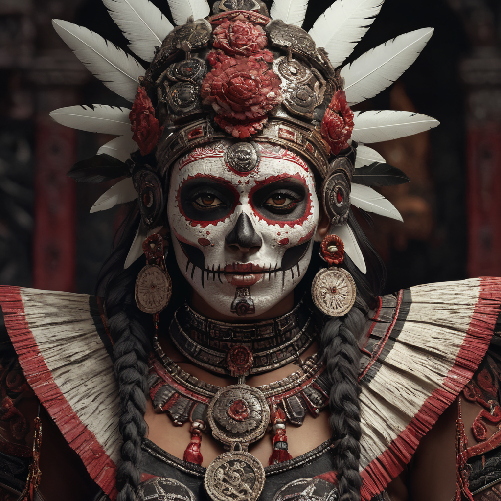 Itzpapalotl, aztec deity, woman with a skull face, black, red and white