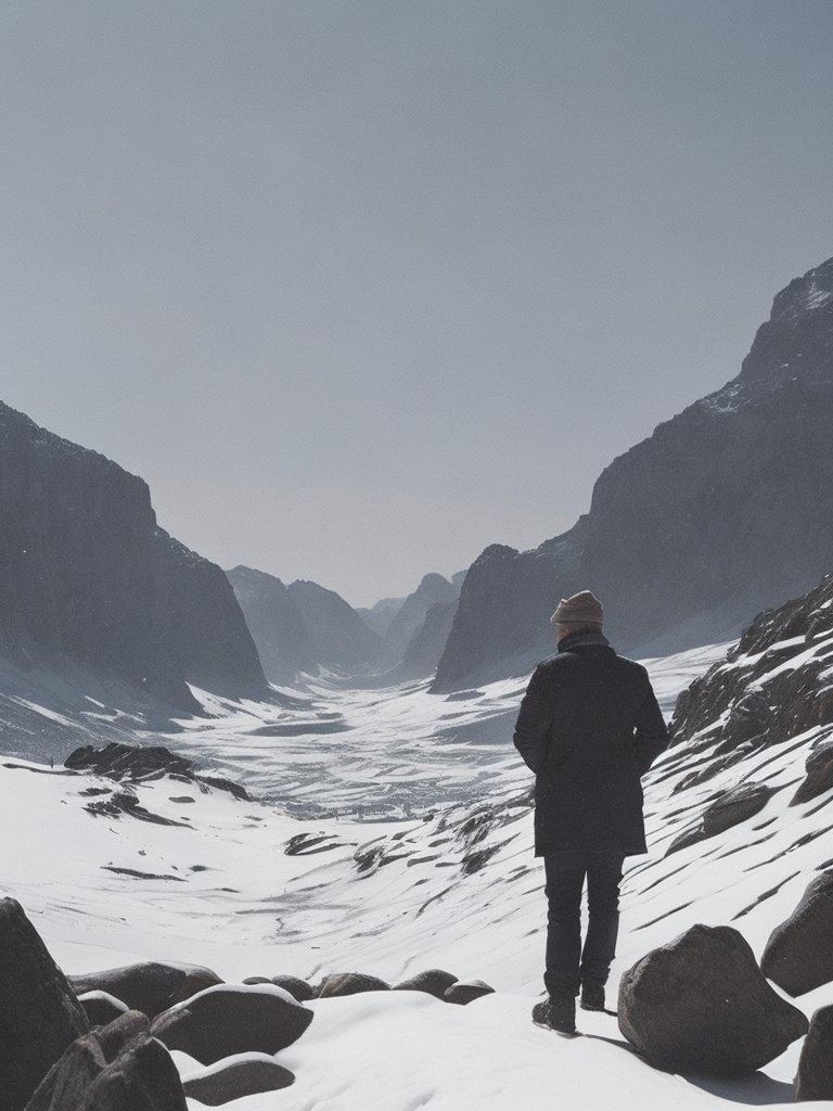 This artwork by George Wilson is a stunning drawing of a person standing in front of a snow-covered landscape of stones and sky.