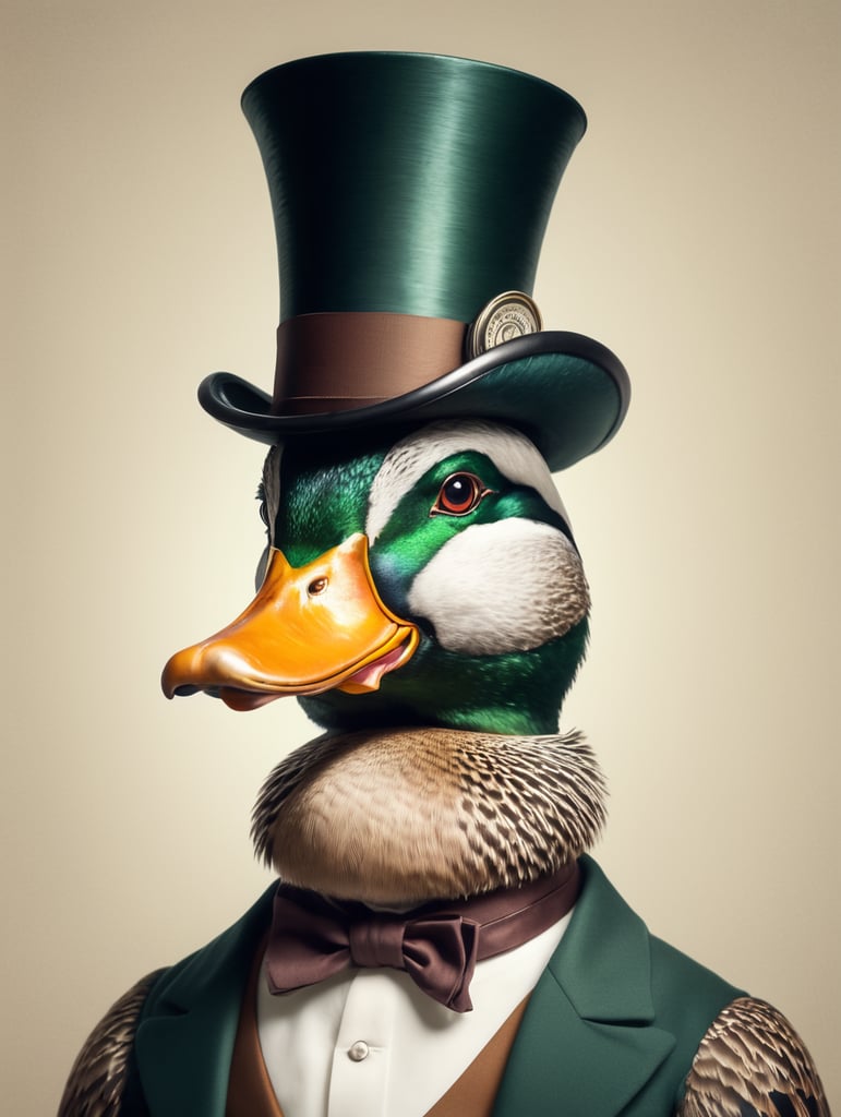 A mallard wearing a top hat and a monocle
