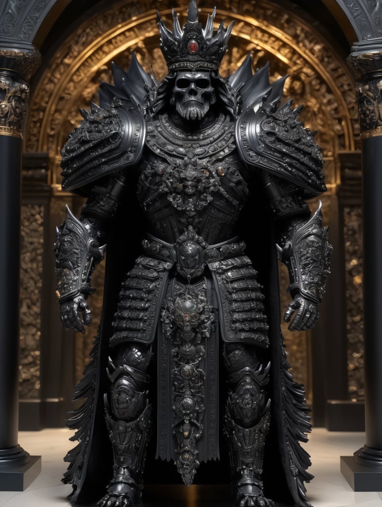 full body obsidian sculpture of the ruler of the dead and the underground, made of all black materials, reflective black obsidian bones, bejeweled armour and crown, sharp, extremely detailed, extremely intricate, volumetric lighting, photorealistic, 8k