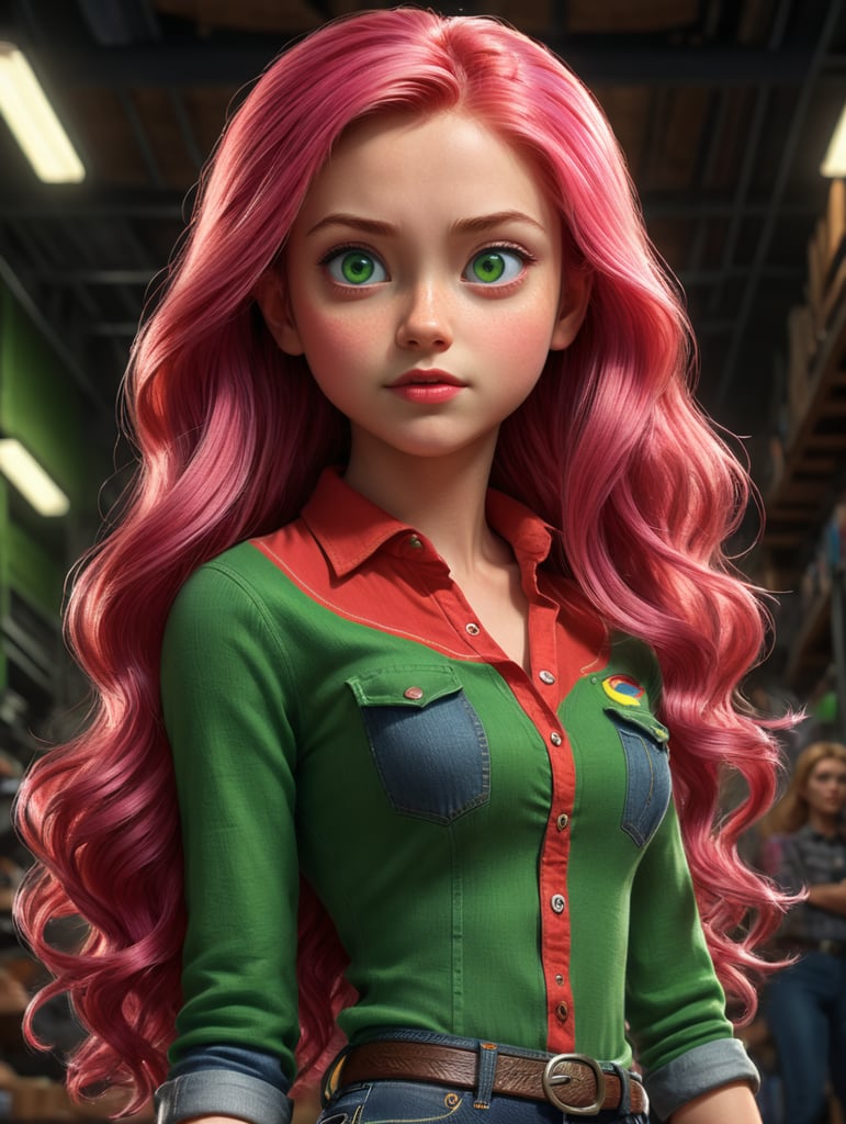 3D pixar poster, a girl with a long pink hair, green eyes wearing red shirt and jeans
