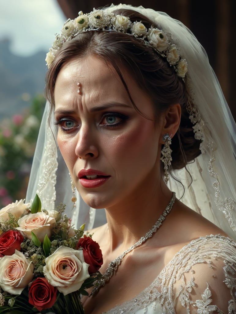 n ugly crying bride shot from 3 4 profile, holding a beautiful bouquet. She has an asymetric face, droopy eyes, very dry hair and a crooked nose