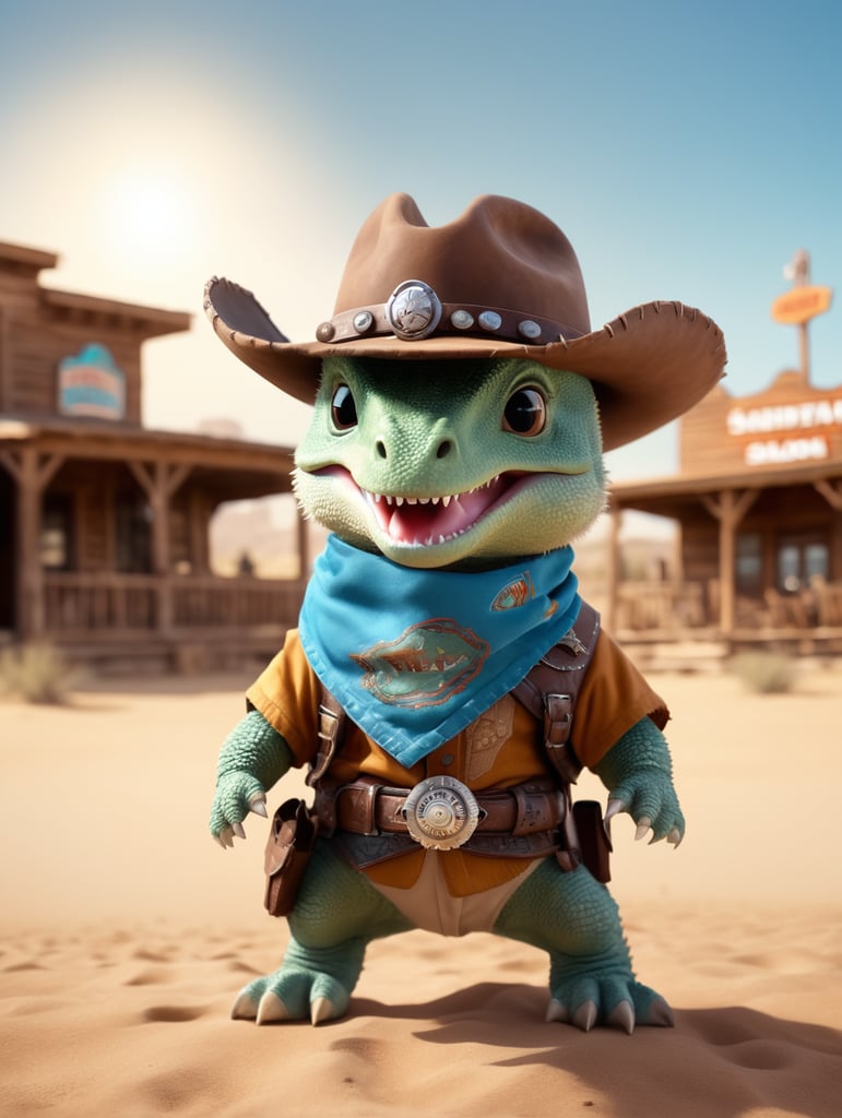 an adorable and fluffy baby dinosaur, cowboy, bandana over mouth, western, desert, with a western village and saloon, sandstorm, old revolver, bright sky, with blur background, high quality, 8k