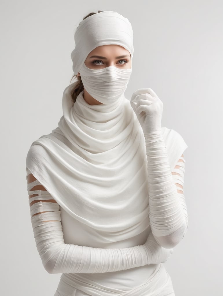 A photograph of women covered in bandages with realistic style, halloween costume, white background, full body, show hands, show neck and head