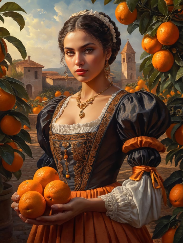 Portrait of a young, dark and beautiful Italian girl growing oranges from Sicily in 17th century Italian folk dress, dramatic lighting, depth of field, orange trees in the background. Oranges should have a beautiful, even structure. Incredibly high detail holding fresh oranges in hand