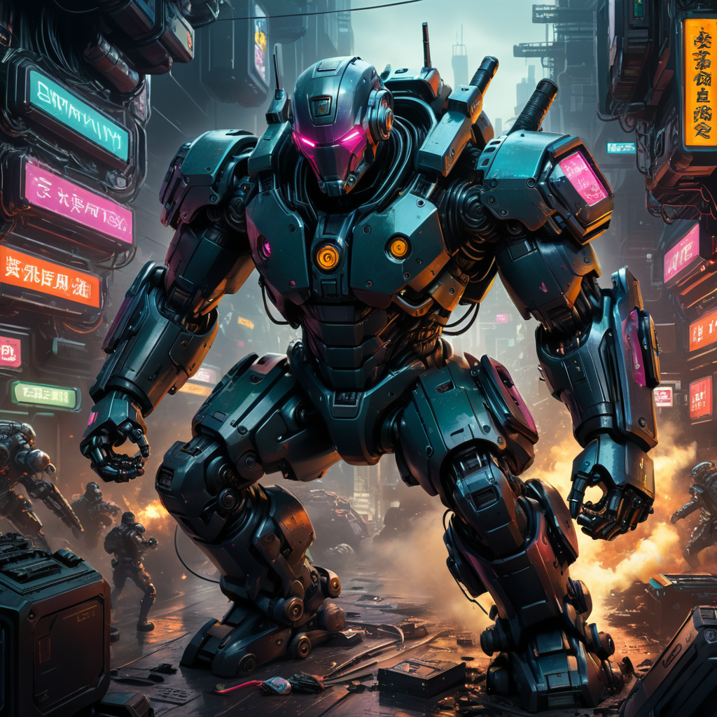 Isometric cyberpunk fighting robot, manga style,