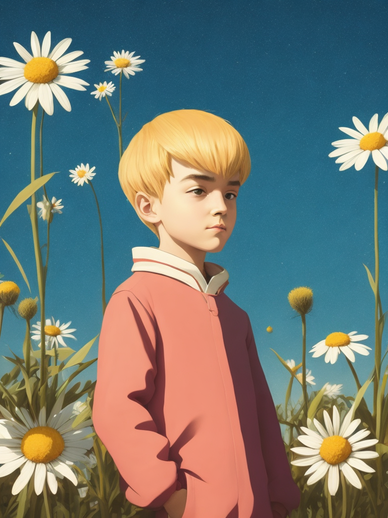 a cartoon boy, in the style of light gold and pink, , studyblr, fanciful costume design, grainy, kawaii, francis davis millet, a stamp with a big field of daisies on it, in the style of lo-fi aesthetics, realistic scenery, realistic blue skies, minimalist landscapes, framing, flickr, y2k aesthetic