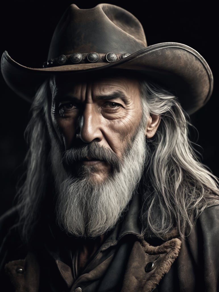 old cowboy with long beard, dark scene, dark atmosphere, epic shot, sharp on details