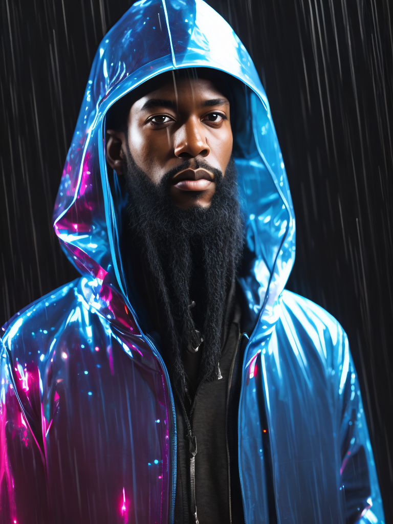 a black man with a long beard wearing ((transparent raincoat)), under the rain, ultra realistic, neon lights