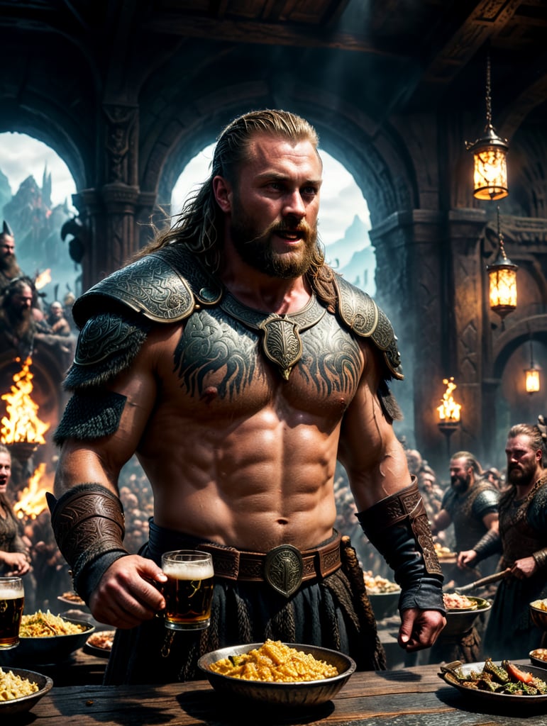 Ragnar Lothbrok having fun in Valhalla with the gods, a lot of food on the tables, women dancing, a lot of ale