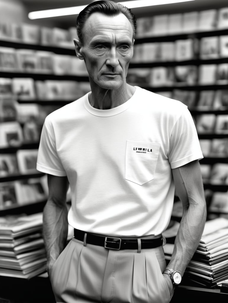 Extremely detailed photographic image, grained image, beautifully composed, monochrome image, 50's fashionable image, fashionable magazine photography, leica summicron 35mm f2.0, kodak 400tx, fashion photography, fashionable model, william s. burroughs, man wearing blank white T-Shirt in Clothing Store Mockup, mock up