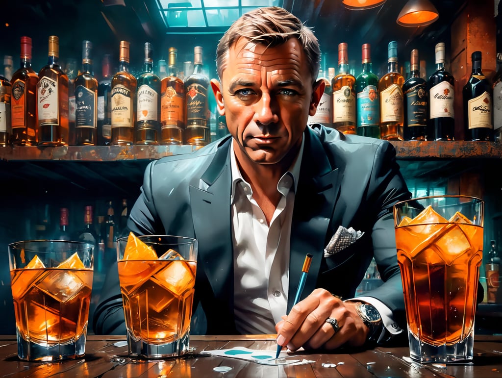James Bond down on his luck drinking scotch in a sleazy bar
