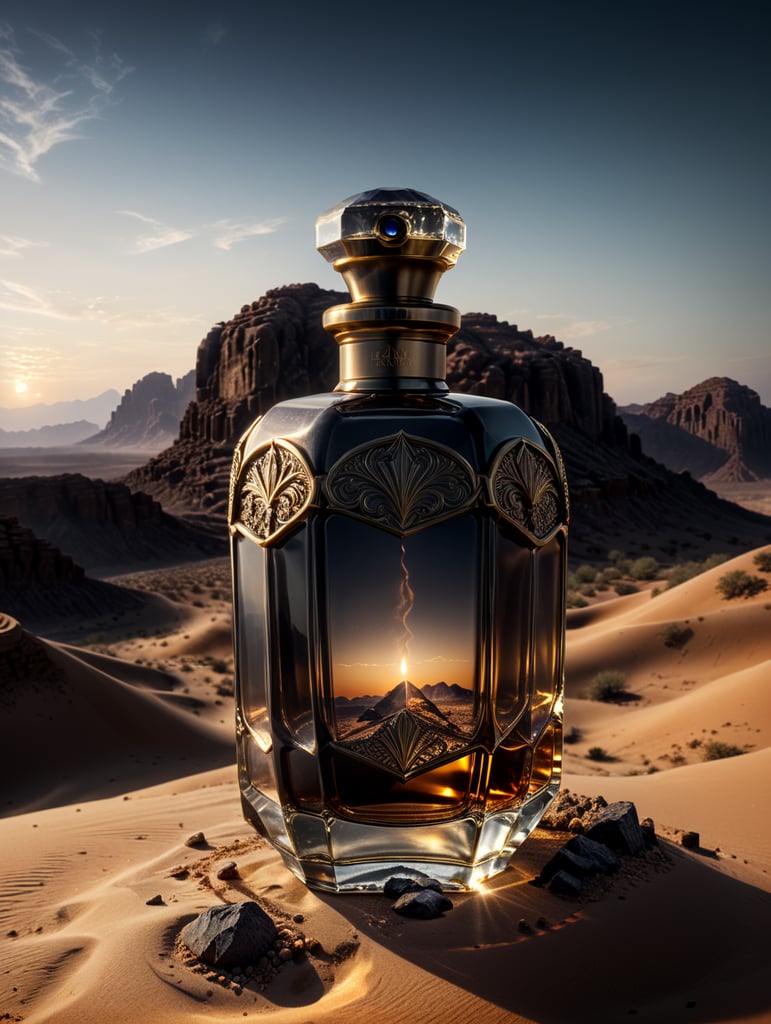 professional photography of a luxury perfume bottle in the desert, no label, clear, mockup