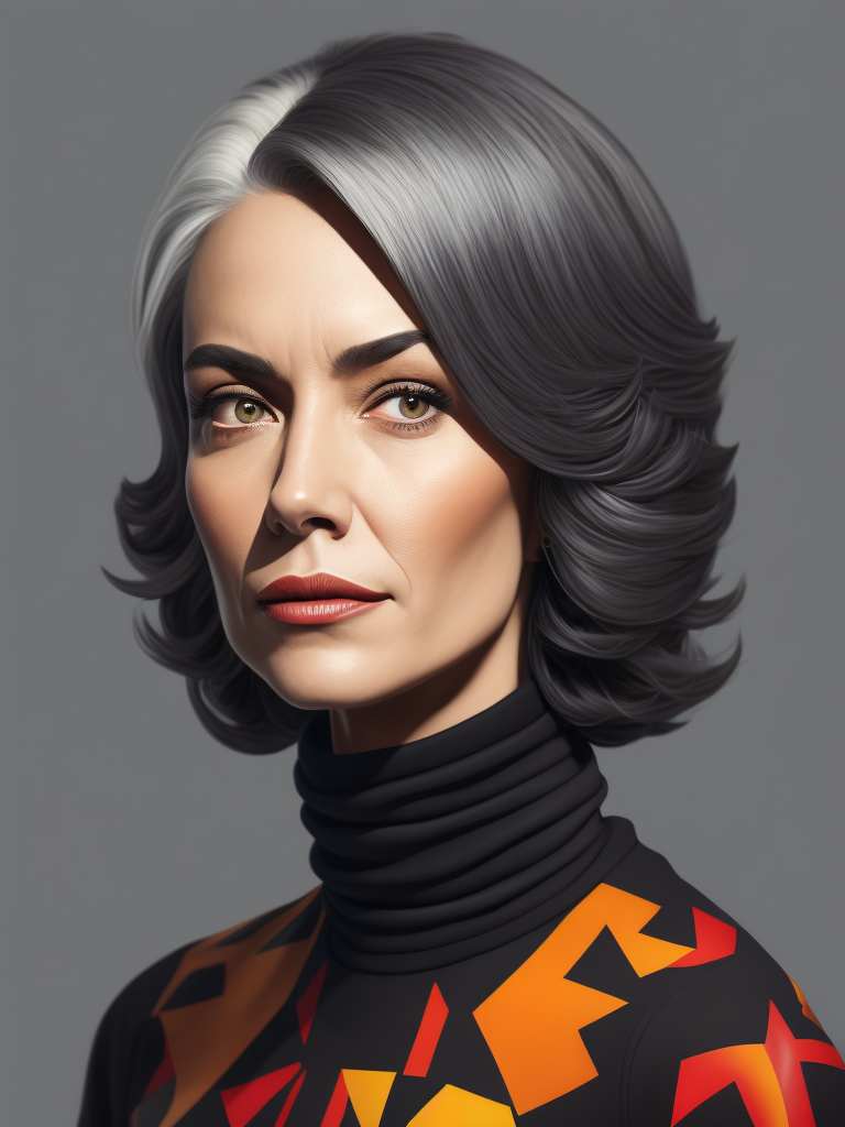 Colorful graphic illustration, pop art, late 50s caucasian woman in a turtleneck with shoulder length gray hair.